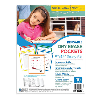 Reusable Dry Erase Pockets, Primary Colors, 9 x 12, Pack of 10 - Loomini