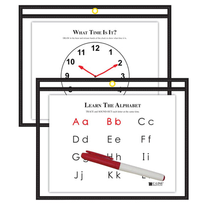 Reusable Dry Erase Pockets - Study Aid, Black, 12" x 9", Pack of 10 - Loomini