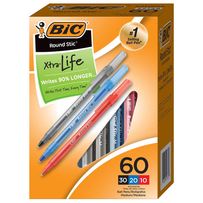 Round Stic® Xtra Life Ballpoint Pen, Medium Point (1.0mm), Assorted, 60 Per Box, 2 Boxes - Loomini