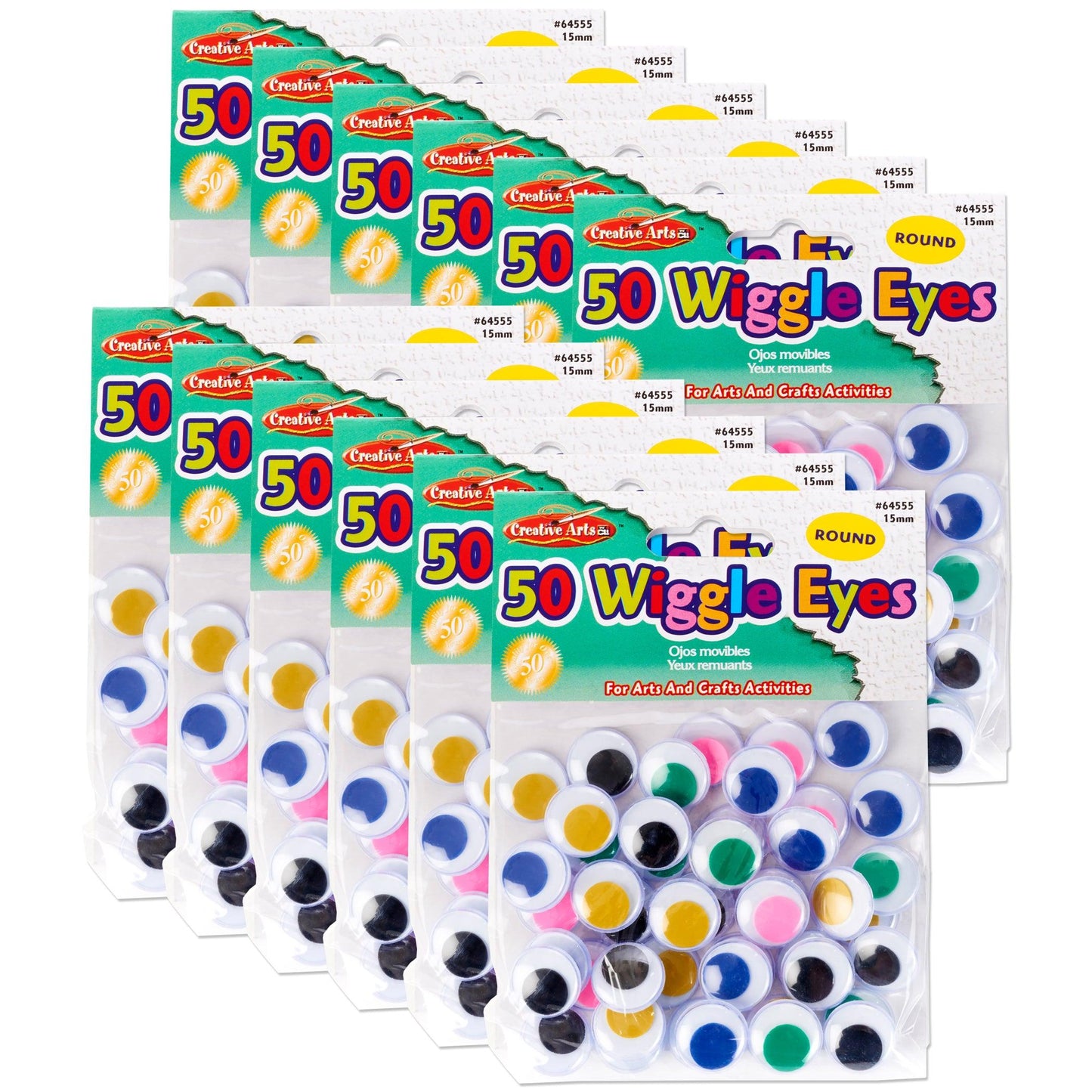 Round Wiggle Eyes, 15mm, Assorted, 50 Per Pack, 12 Packs - Loomini