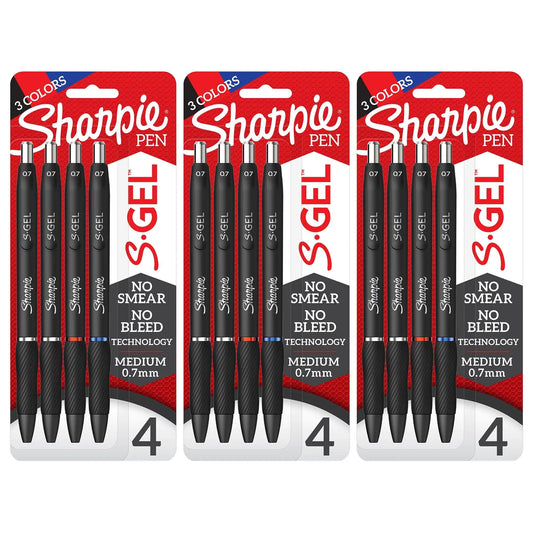 S-Gel Gel Pens, Medium Point (0.7mm), Assorted Colors, 4 Per Pack, 3 Packs Sharpie®