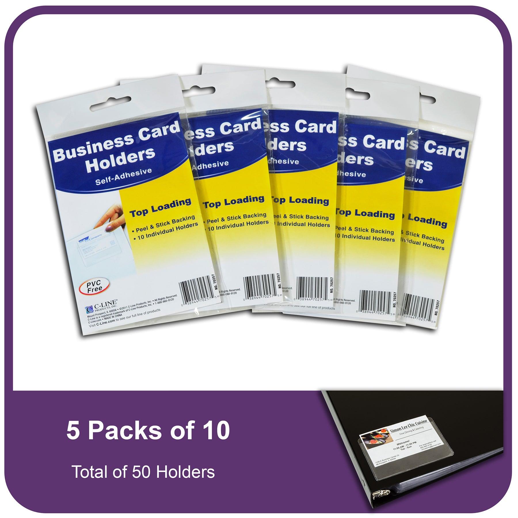 Self-Adhesive Business Card Holder, Top Load, 2" x 3-1/2", 10 Per Pack, 5 Packs - Loomini