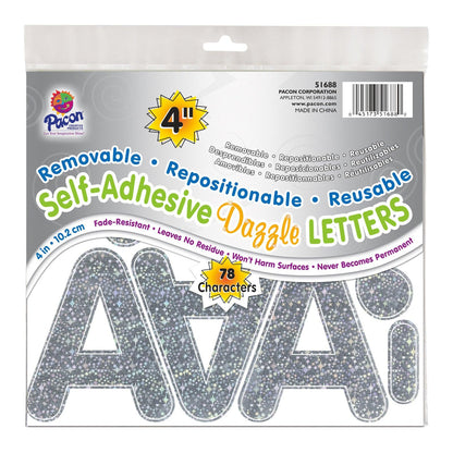 Self-Adhesive Letters, Silver Dazzle, Puffy Font, 4", 78 Per Pack, 2 Packs - Loomini