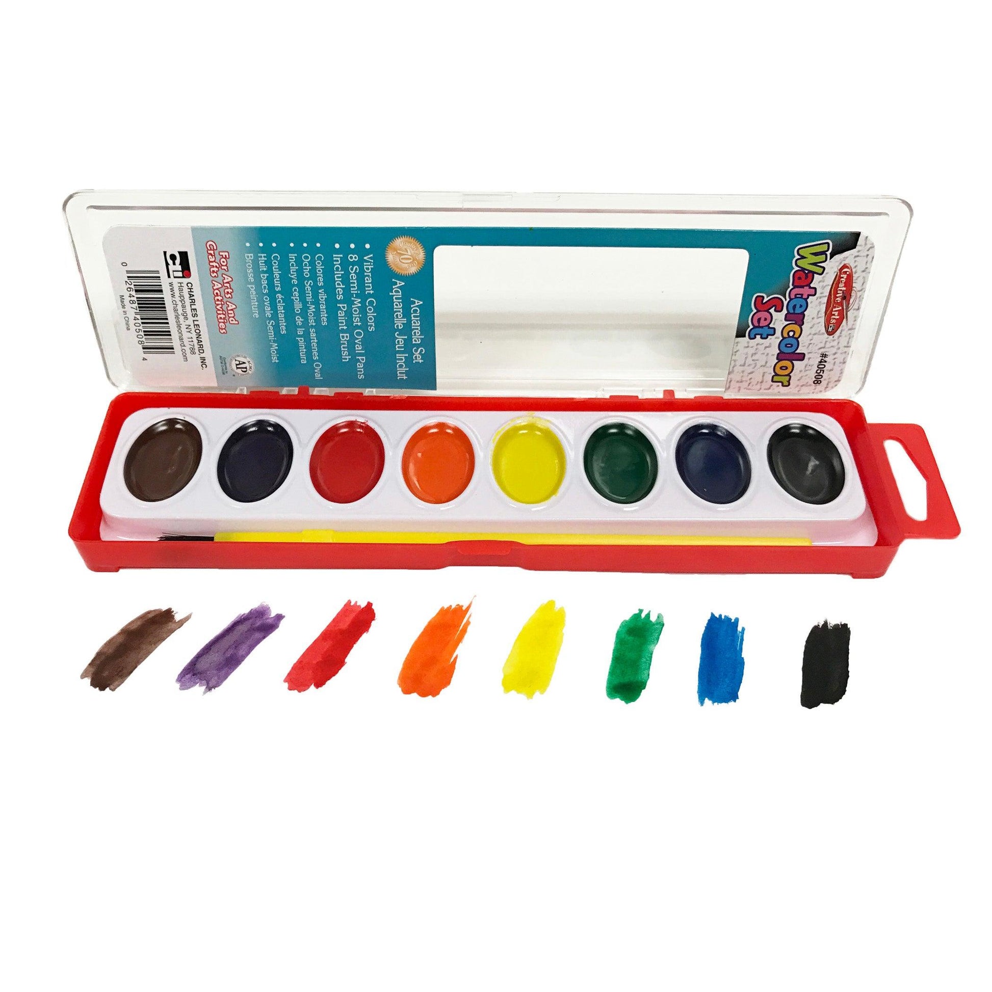 Semi-Moist Watercolor Paint Set, Oval Pan with Brush, 8 Assorted Colors, 12 Sets - Loomini