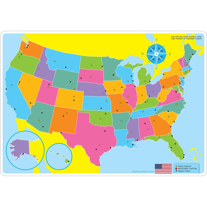 Smart Poly™ Learning Mats, 12" x 17", Double-Sided, U.S. Basic Map, Pack of 10 - Loomini