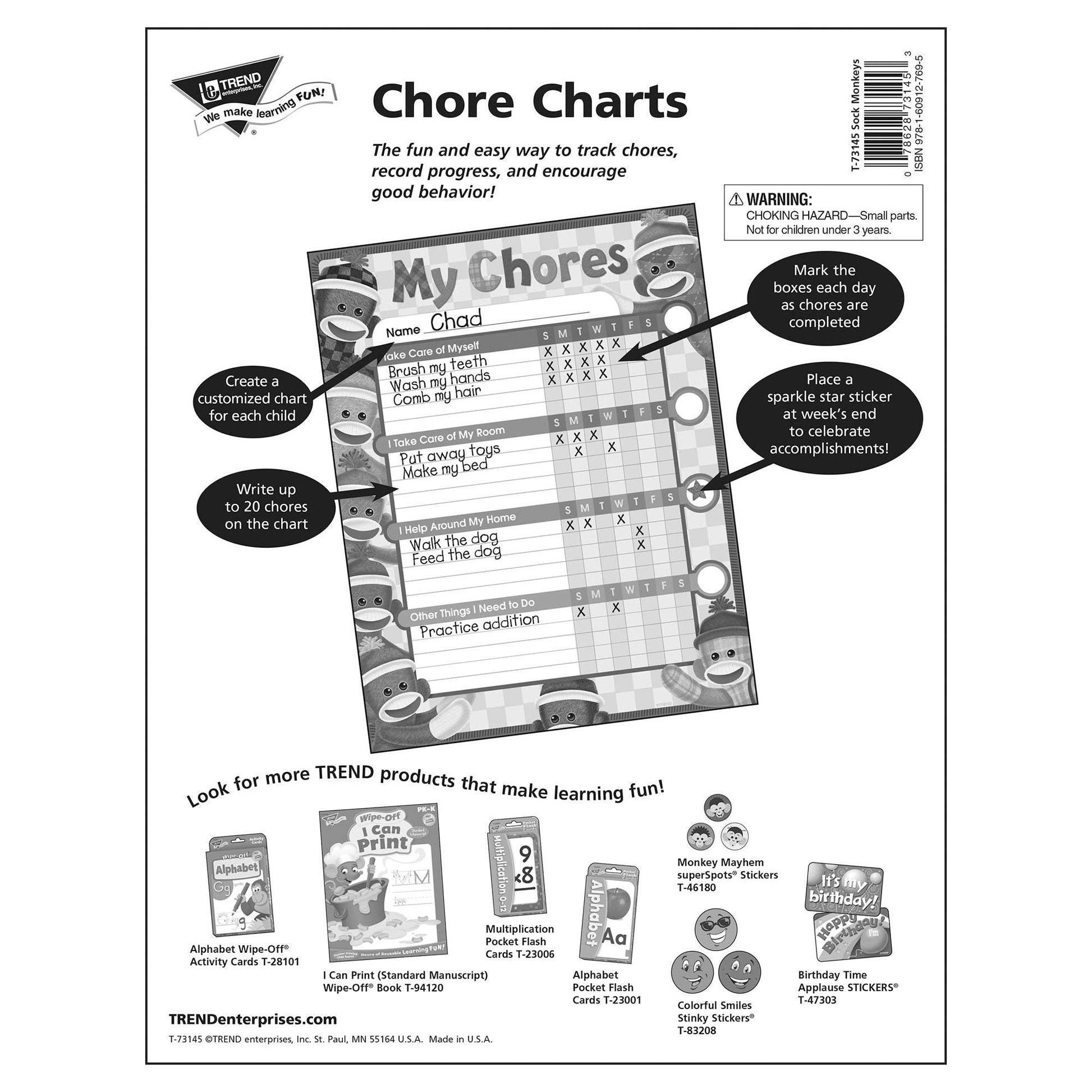 Sock Monkeys Chore Charts, 25 Per Pack, 3 Packs - Loomini