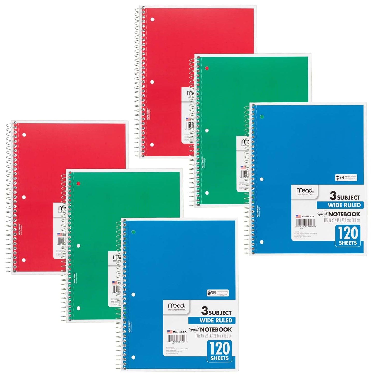 Spiral 3 Subject Notebook, Wide Ruled, 180 Sheets Per Book, Pack of 6 - Loomini