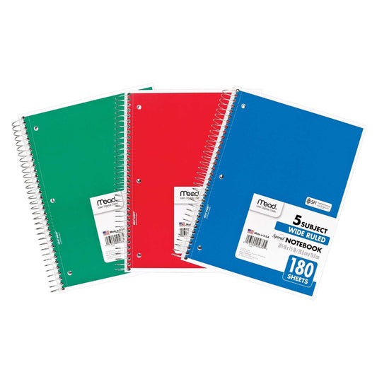 Spiral 5 Subject Notebook, Wide Ruled, 180 Sheets Per Book, Pack of 3 - Loomini