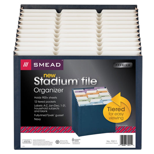 Stadium® File, Blank Labels, 12 Pockets, Letter Size, Navy - Loomini
