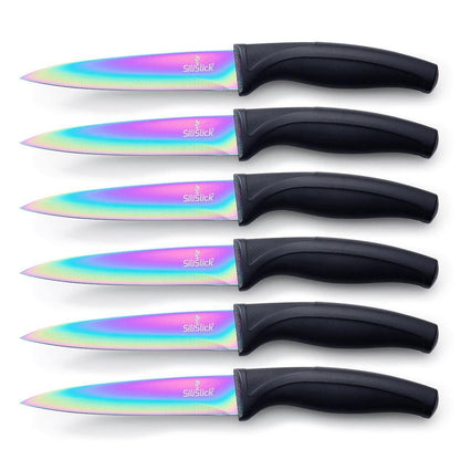 Stainless Steel Steak Knife Set Titanium Coated Colorful Kitchen Knives with Straight Edge Smooth & Sharp Rainbow Iridescent Kitchen Gifts & Accessories - Loomini