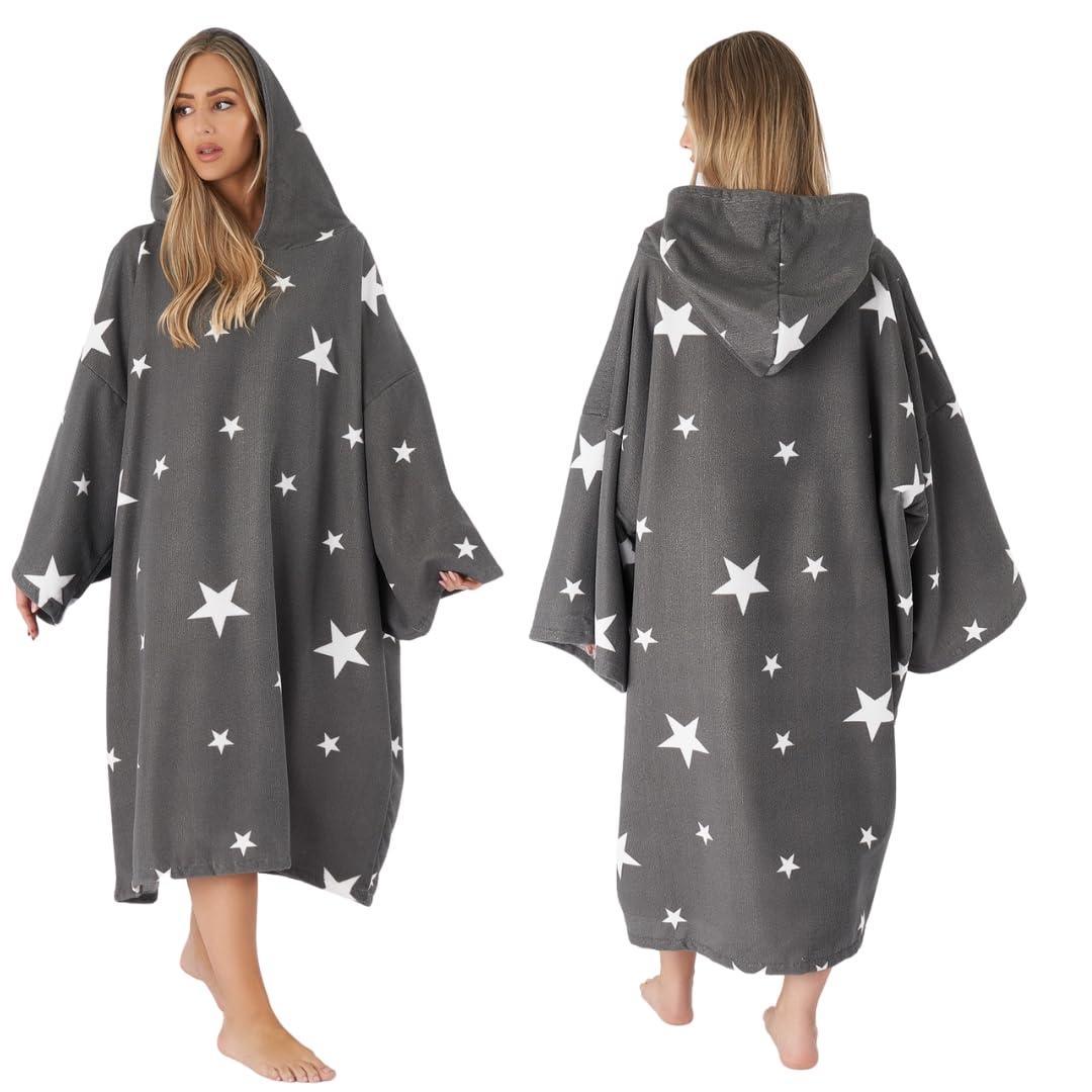 Star Poncho Towel Adult Hooded Oversized Bath Beach Surf Absorbent Microfiber Quick Dry Womens Changing Robe Grey Adult Hooded Towel One Size - Loomini