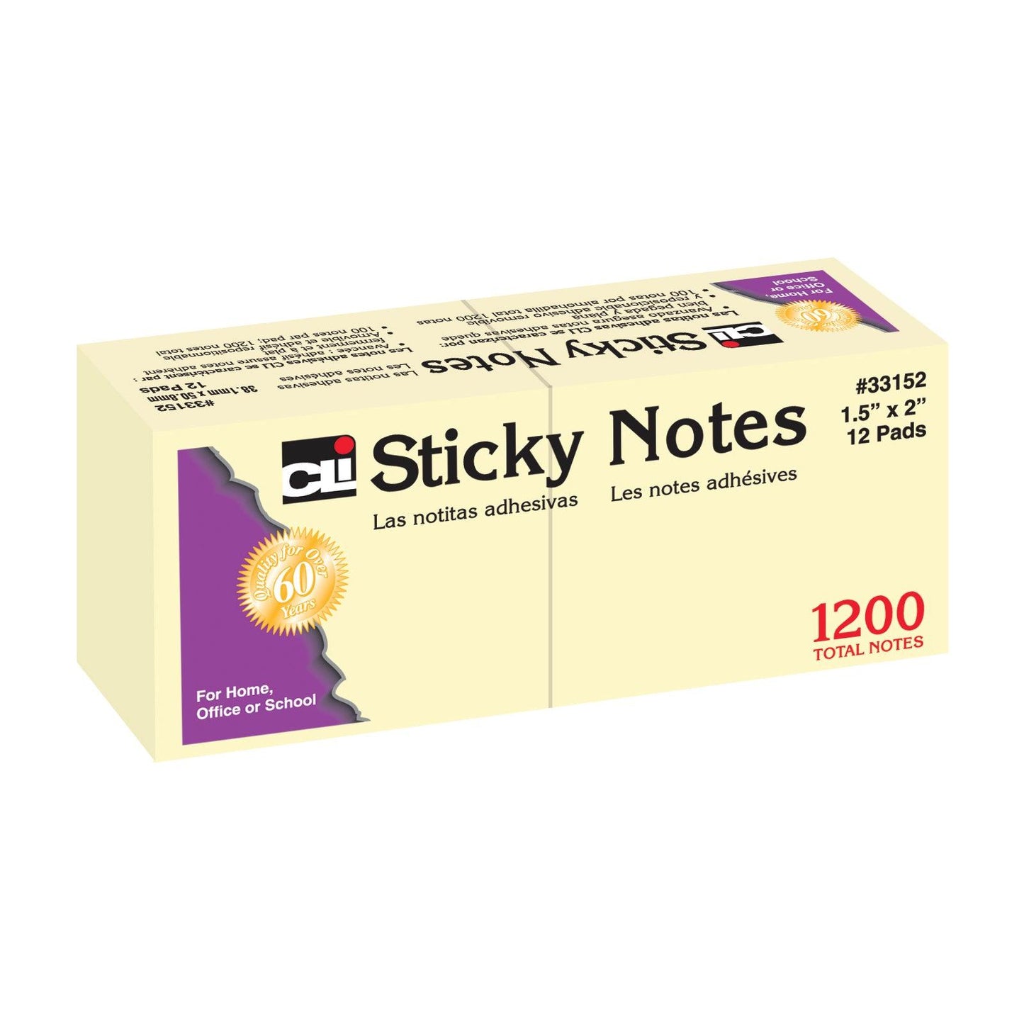 Sticky Notes, 1 1/2" x 2", Plain, 100 Sheets/Pad, 12 Pads/Pack, 12 Packs - Loomini