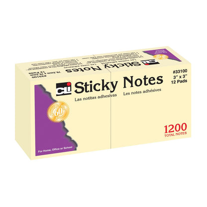 Sticky Notes, 3 x 3 Inch, 100 Sheets/Pad, Yellow, 12 Pads Per Pack, 3 Packs - Loomini