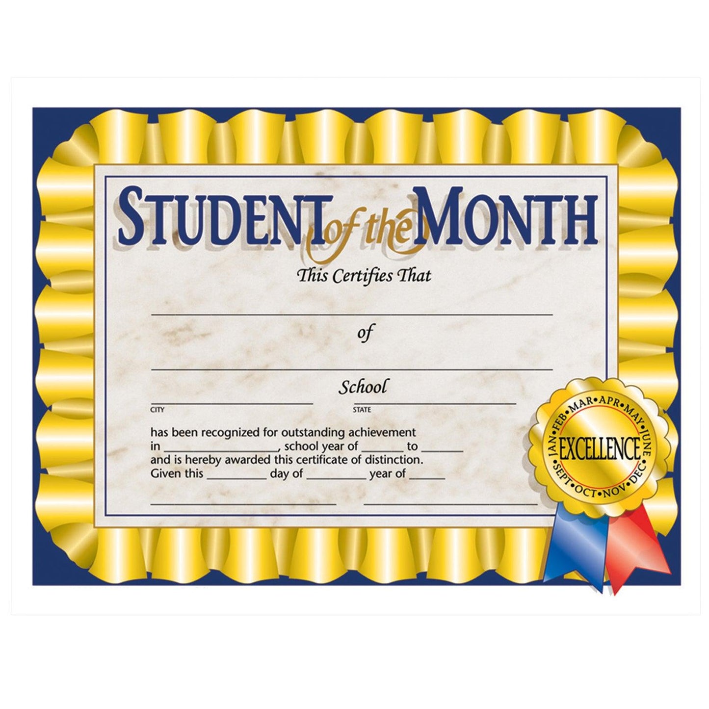 Student of the Month Certificate, 8.5" x 11", 30 Per Pack, 3 Packs - Loomini