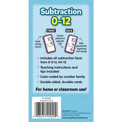 Subtraction Flash Cards - All Facts 0-12 - Loomini