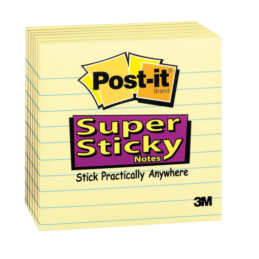 Super Sticky Notes, 4" x 4", Canary Yellow, Lined, 90 Sheets Per Pad, 6 Pads - Loomini