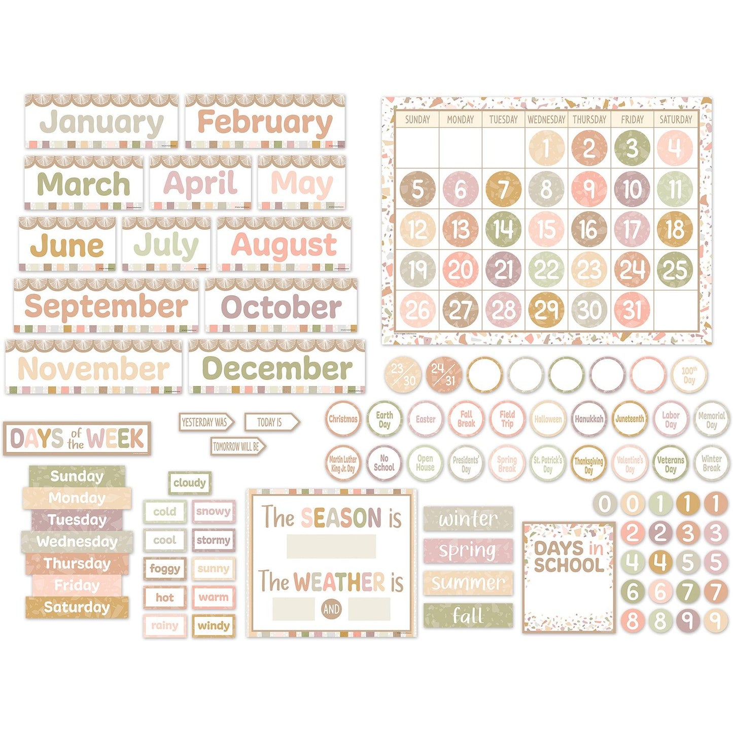 Terrazzo Tones Calendar Bulletin Board Set, 115 Pieces - Loomini