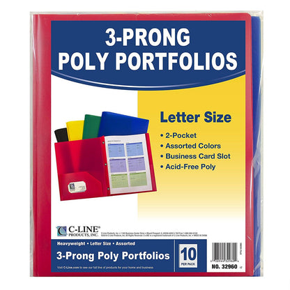 Two-Pocket Heavyweight Poly Portfolio Folder with Prongs, Assorted Primary Colors, Pack of 10 - Loomini