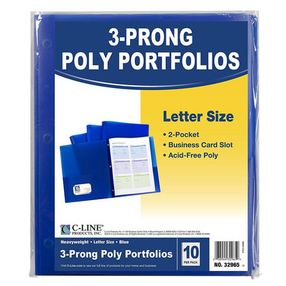 Two-Pocket Heavyweight Poly Portfolio Folder with Prongs, Blue, Pack of 10 - Loomini