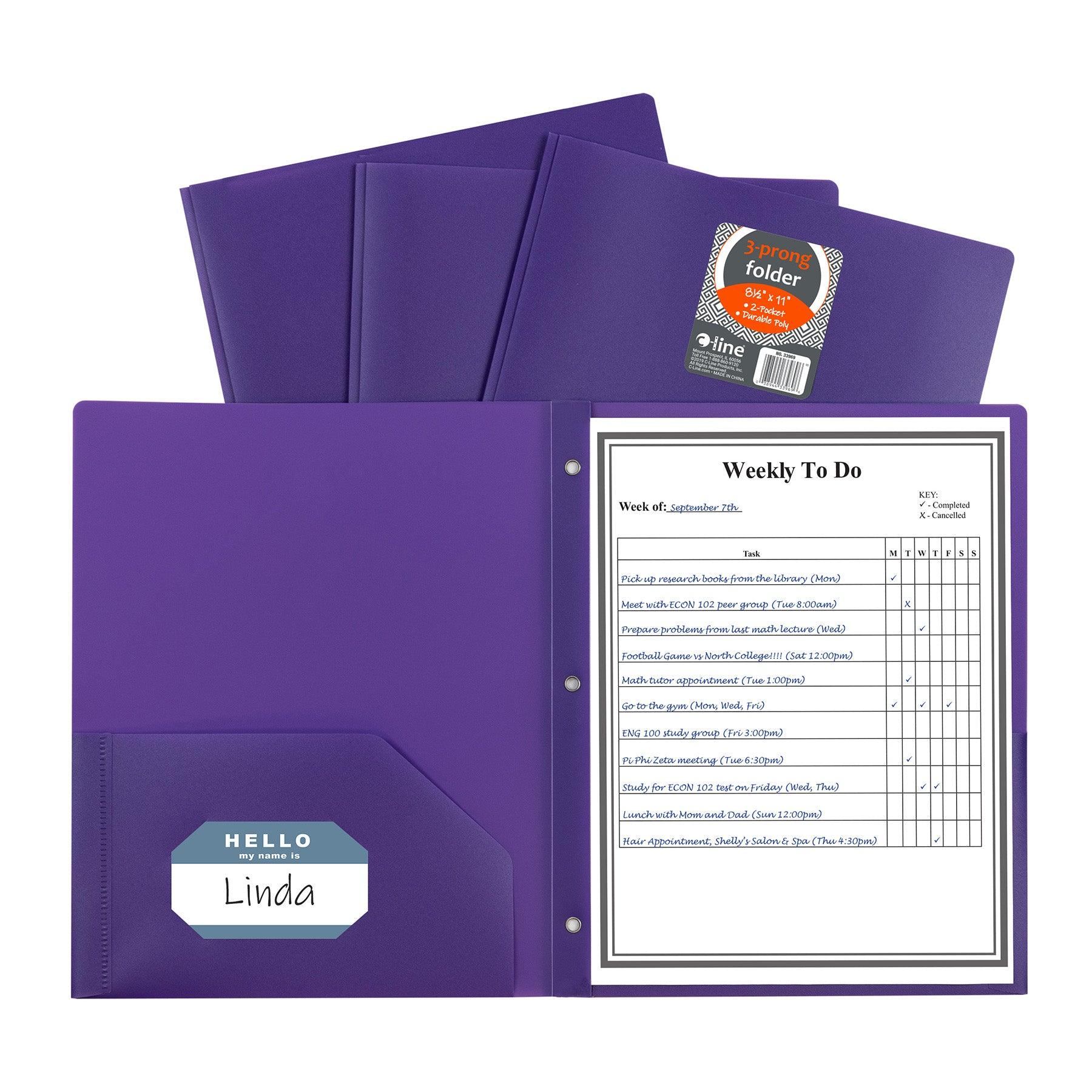 Two-Pocket Heavyweight Poly Portfolio Folder with Prongs, Purple, Pack of 25 - Loomini