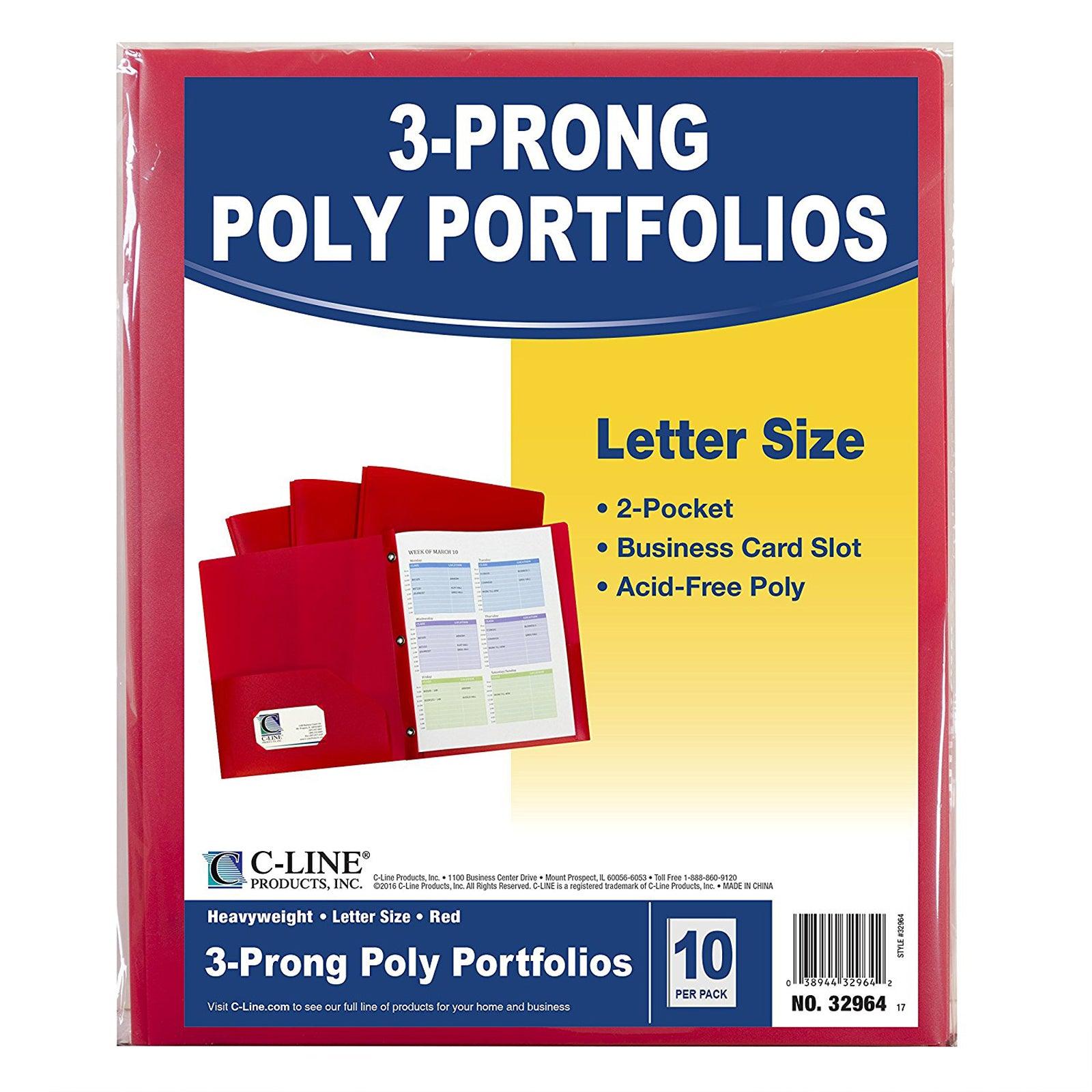 Two-Pocket Heavyweight Poly Portfolio Folder with Prongs, Red, Pack of 10 - Loomini