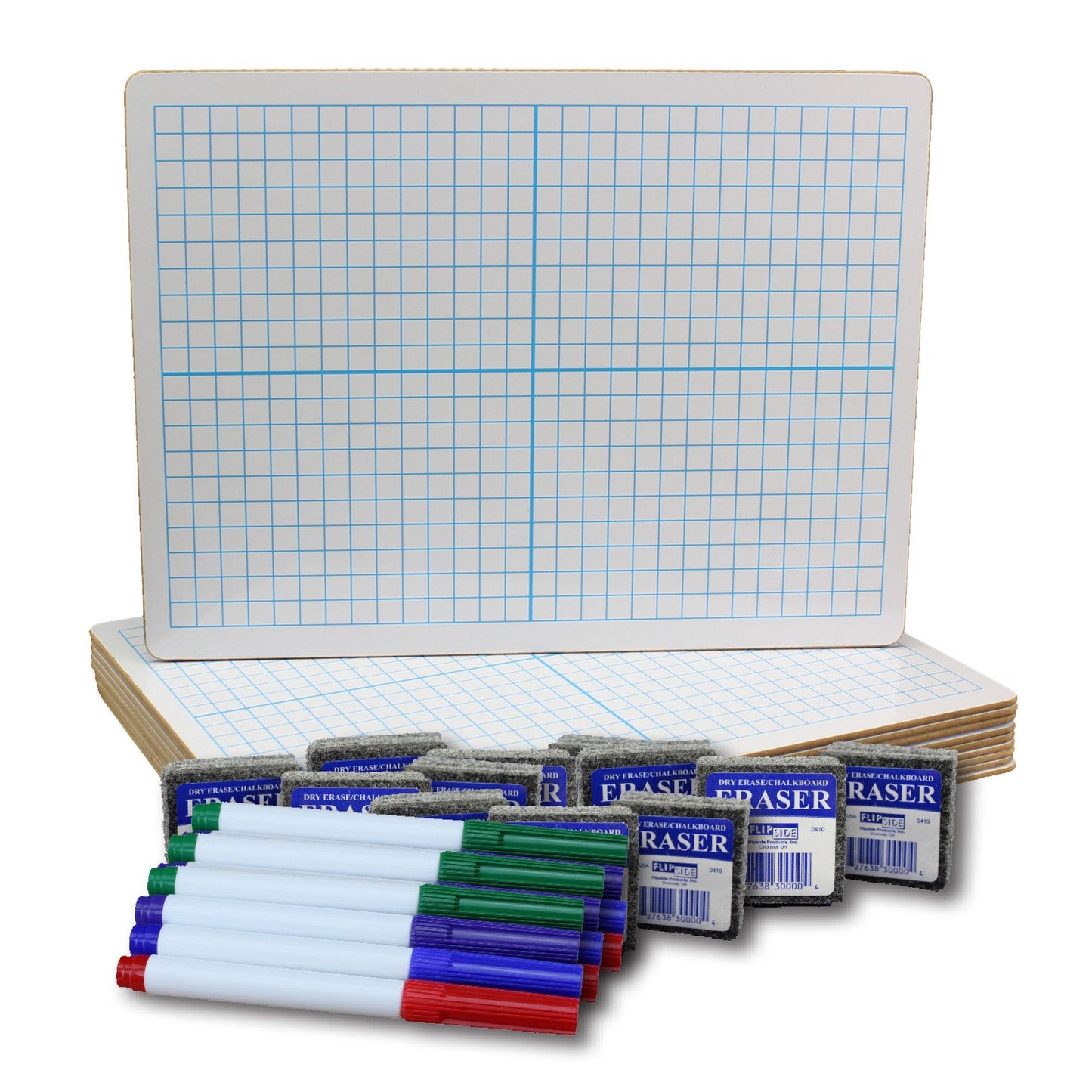 Two-Sided Dry Erase Boards, XY Axis/Plain, 9" x 12", with Colored Pens & Erasers, Class Pack of 12 - Loomini