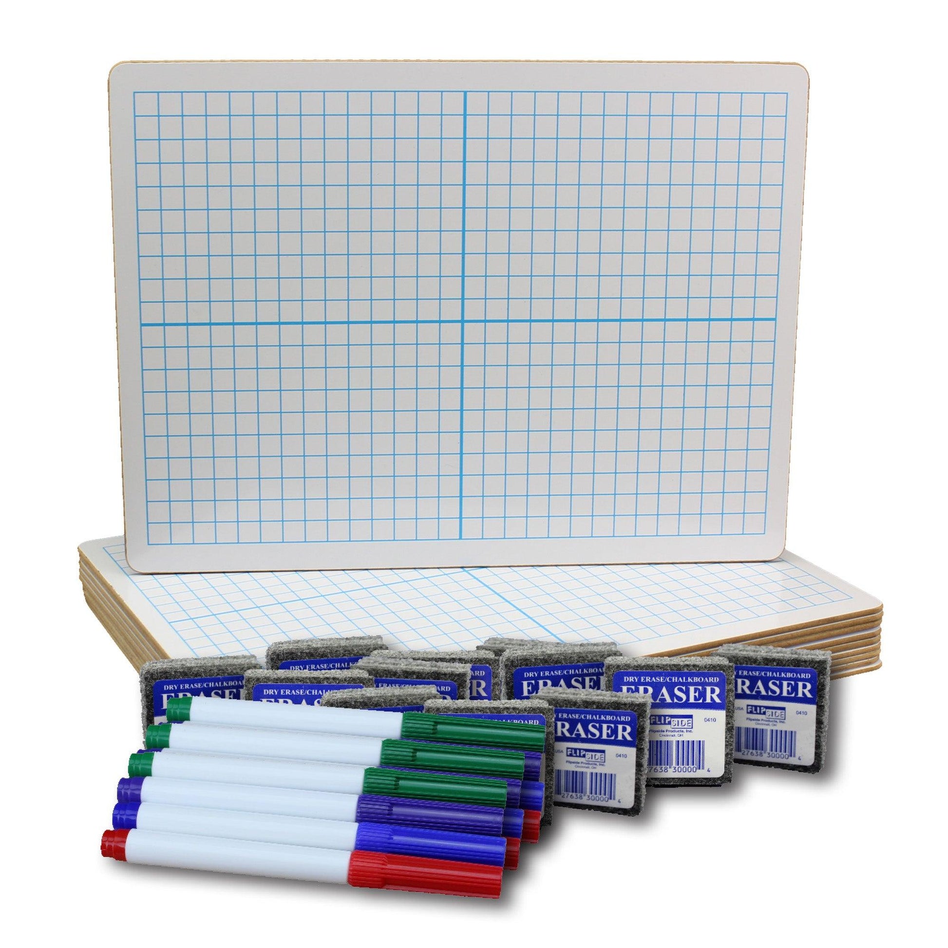 Two-Sided Dry Erase Boards, XY Axis/Plain, 9" x 12", with Colored Pens & Erasers, Class Pack of 12 - Loomini