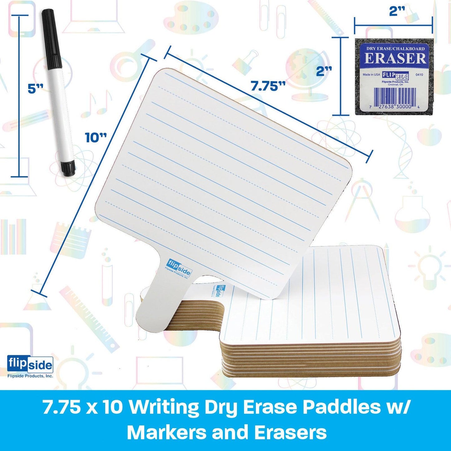 Two-Sided Rectangular Dry Erase Writing Paddles, Pens, and Erasers, Class Pack of 12 - Loomini