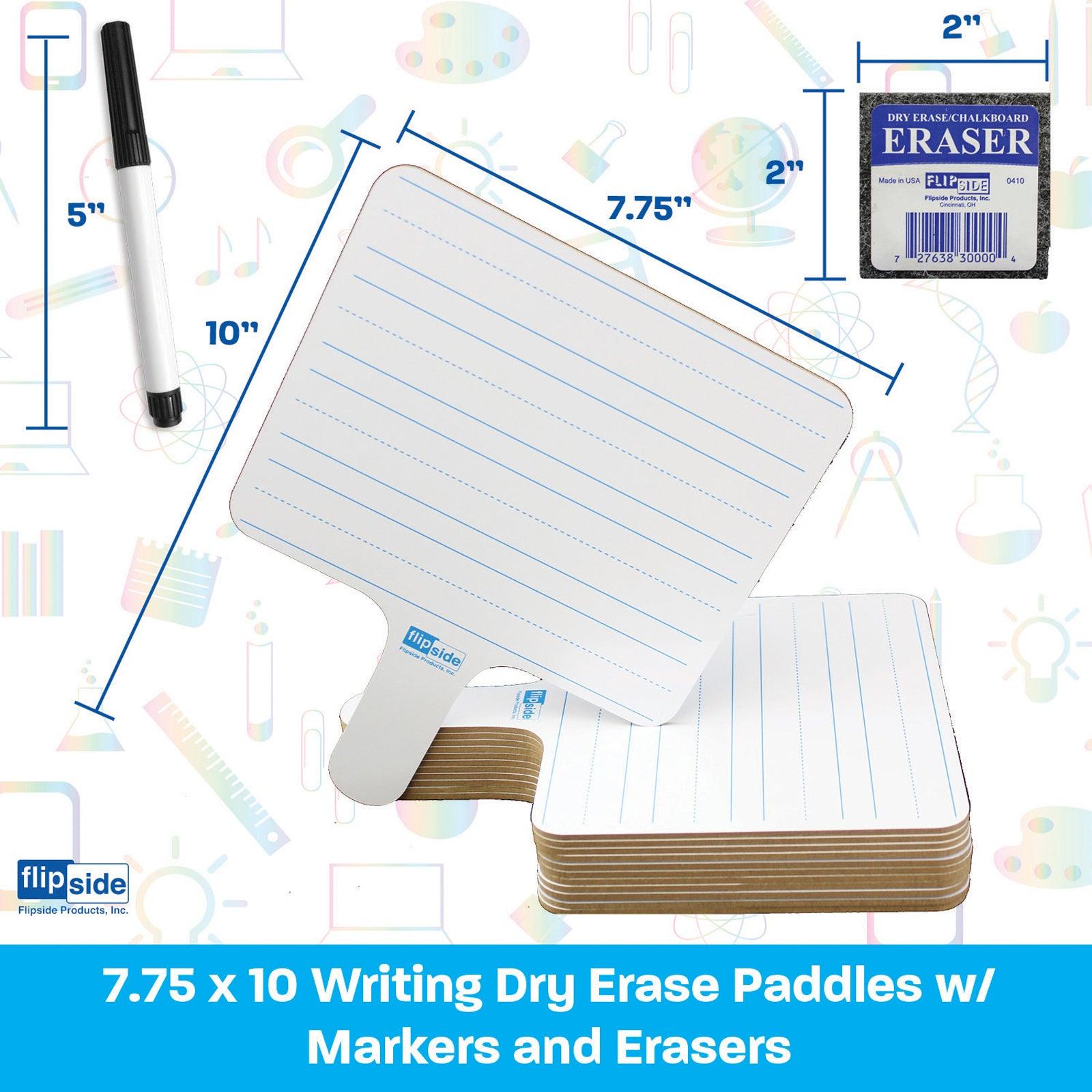 Two-Sided Rectangular Dry Erase Writing Paddles, Pens, and Erasers, Class Pack of 12 - Loomini