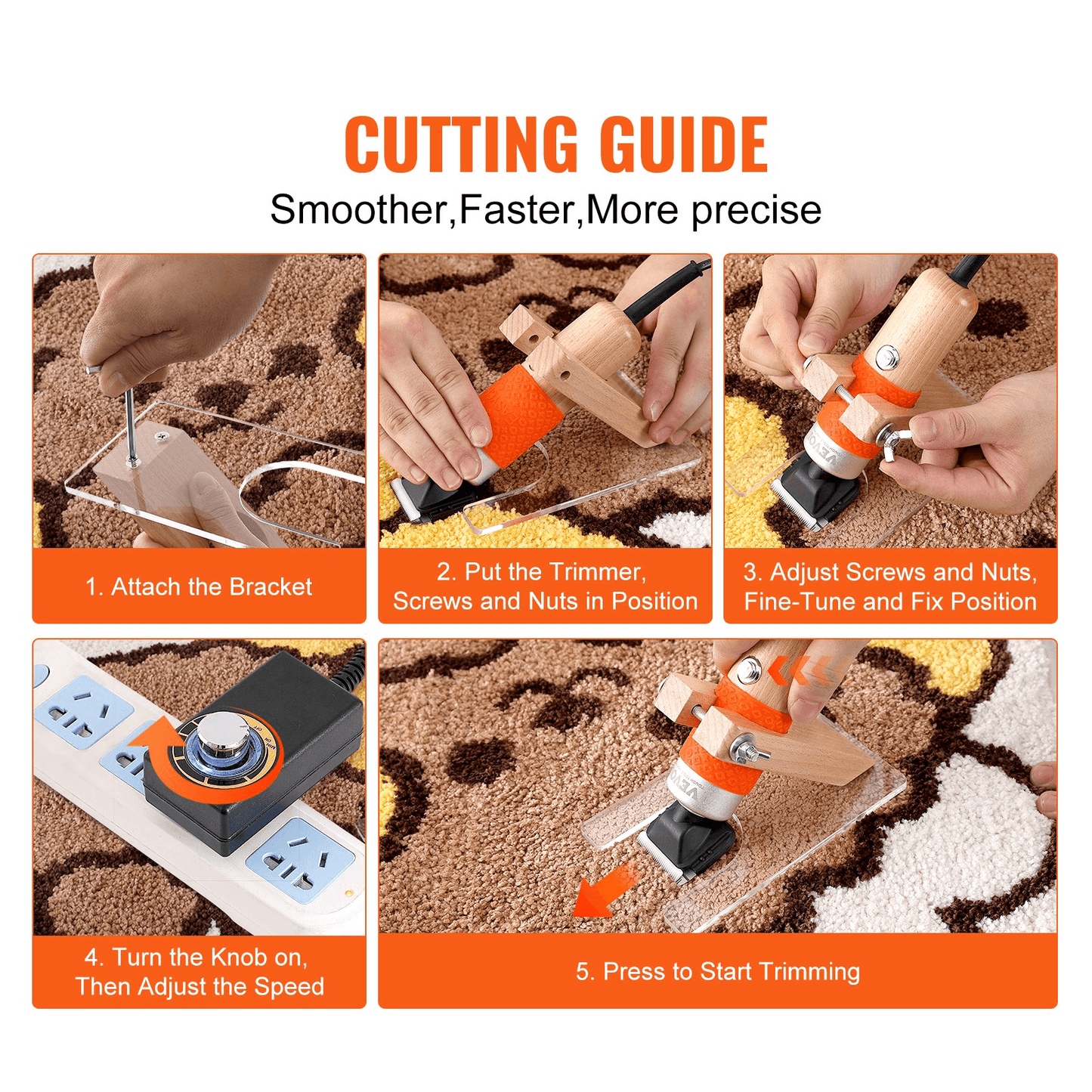 VEVOR Carpet Trimmer with Shearing Guide, 200W Electric Speed Adjustable Rug Carver, Tufting Shears with 2 Blades, Wooden Handle Carpet Carving Clippers for Handmade Rug Cleaning and Tufted Rug - Loomini