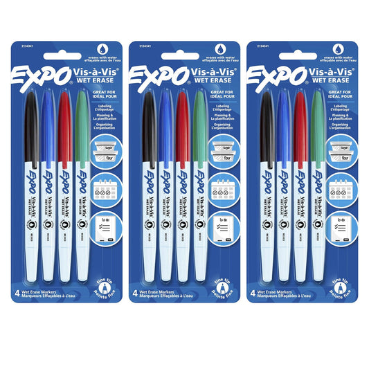 Vis-à-Vis Wet Erase Marker Set, Fine Tip, 4 Colors Per Pack, 3 Packs - Loomini