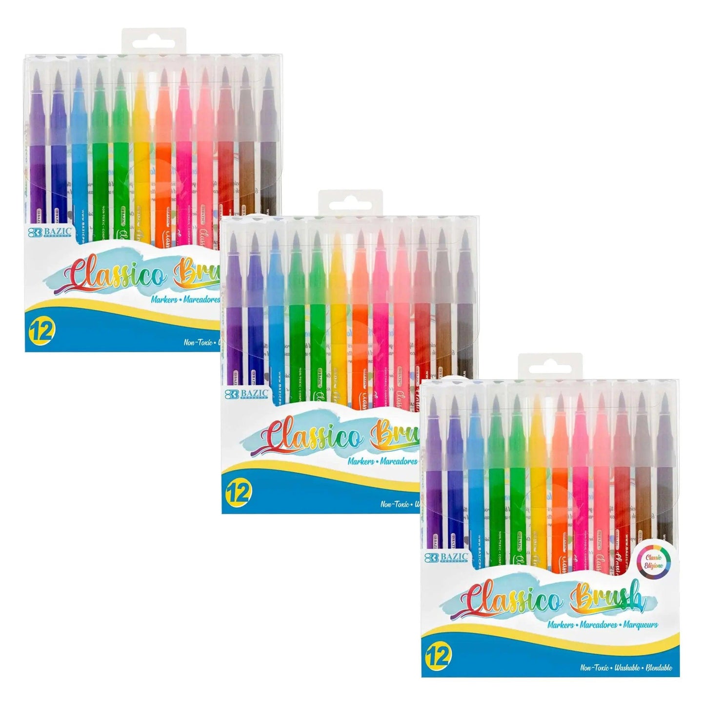 Washable Brush Markers, 12 Colors, 12 Per Pack, 3 Packs Bazic Products®