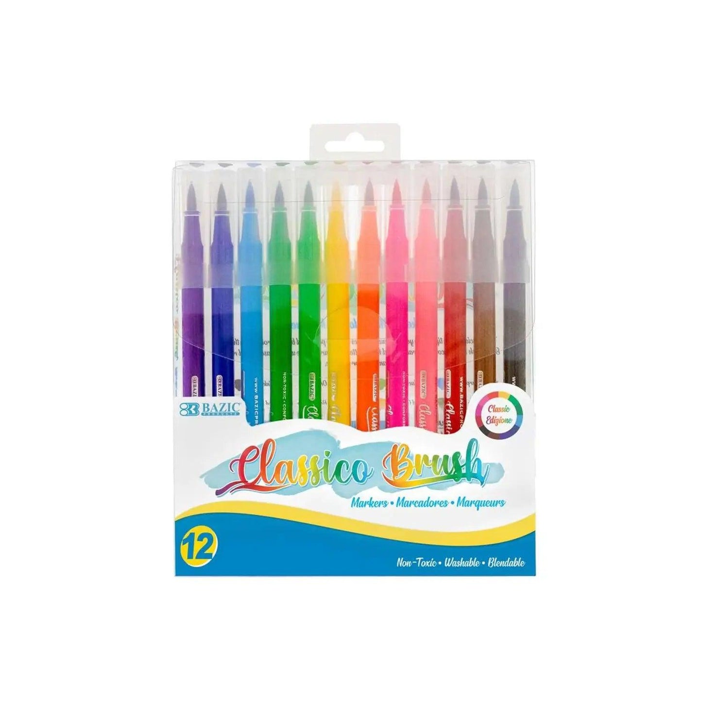 Washable Brush Markers, 12 Colors, 12 Per Pack, 3 Packs Bazic Products®