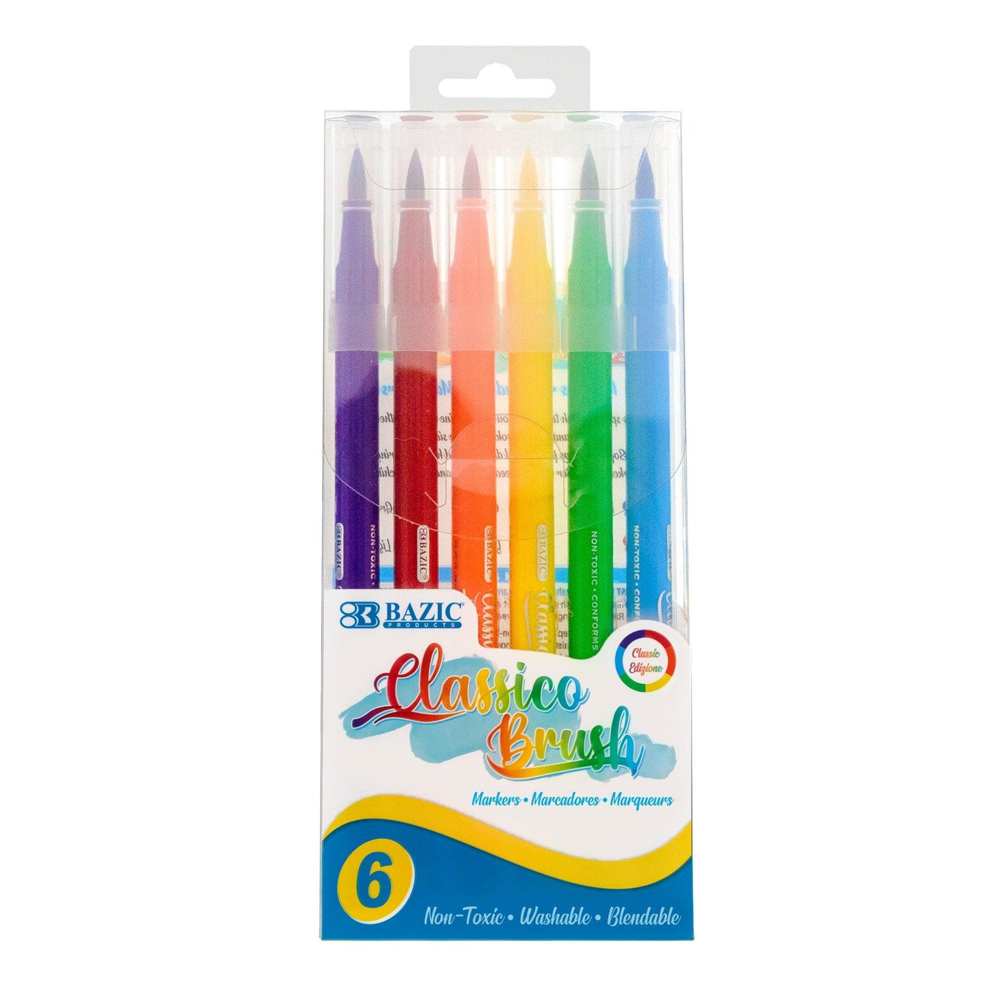 Washable Brush Markers, Classic Colors, 6 Per Pack, 12 Packs - Loomini