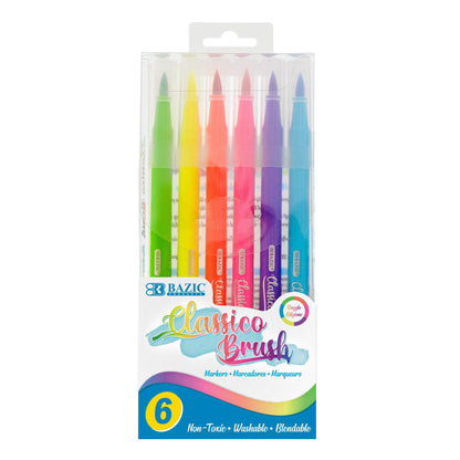 Washable Brush Markers, Fluorescent Colors, 6 Per Pack, 12 Packs - Loomini