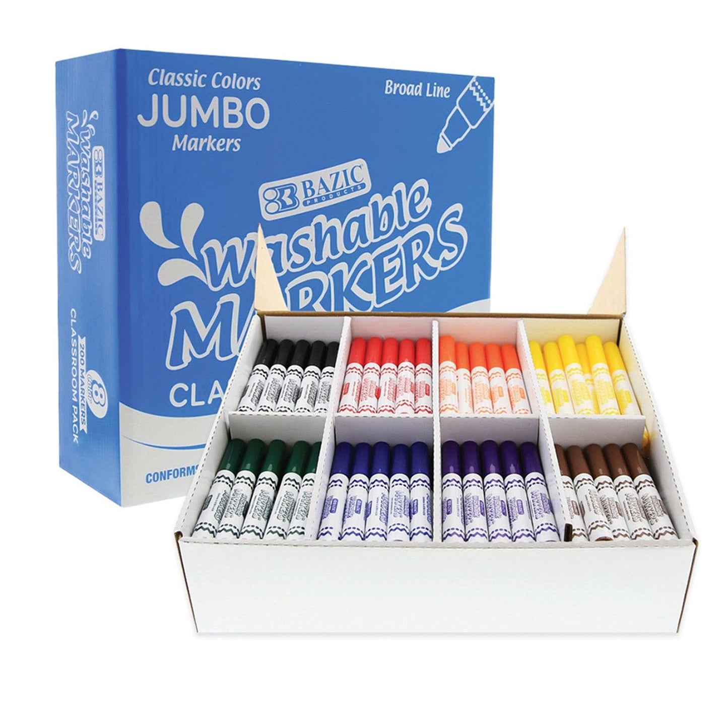 Washable Markers, Jumbo Classroom Pack, 200 Count, 8 Colors - Loomini