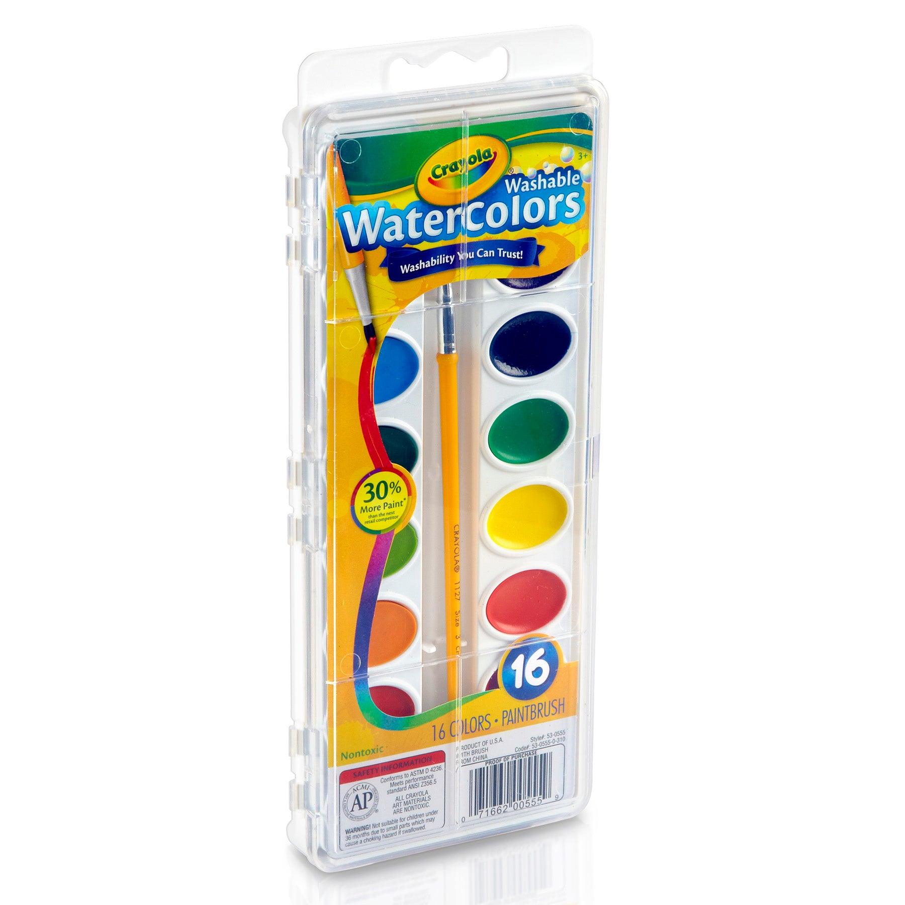 Washable Watercolors, 16 Semi-Moist Oval Pans & Brush, 6 Sets - Loomini