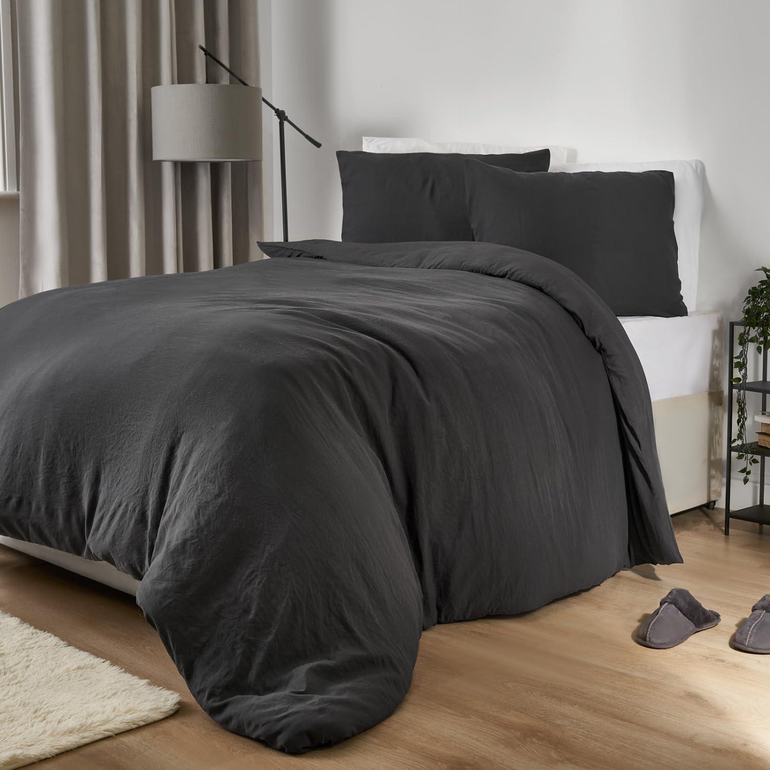 Washed Linen King Duvet Cover with 2 Pillow Cases Super Soft Brushed Microfiber Linen Bedding Set King Size Duvet Cover 104 x90 Bed Duvet Cover King Internal Ties Charcoal Grey - Loomini