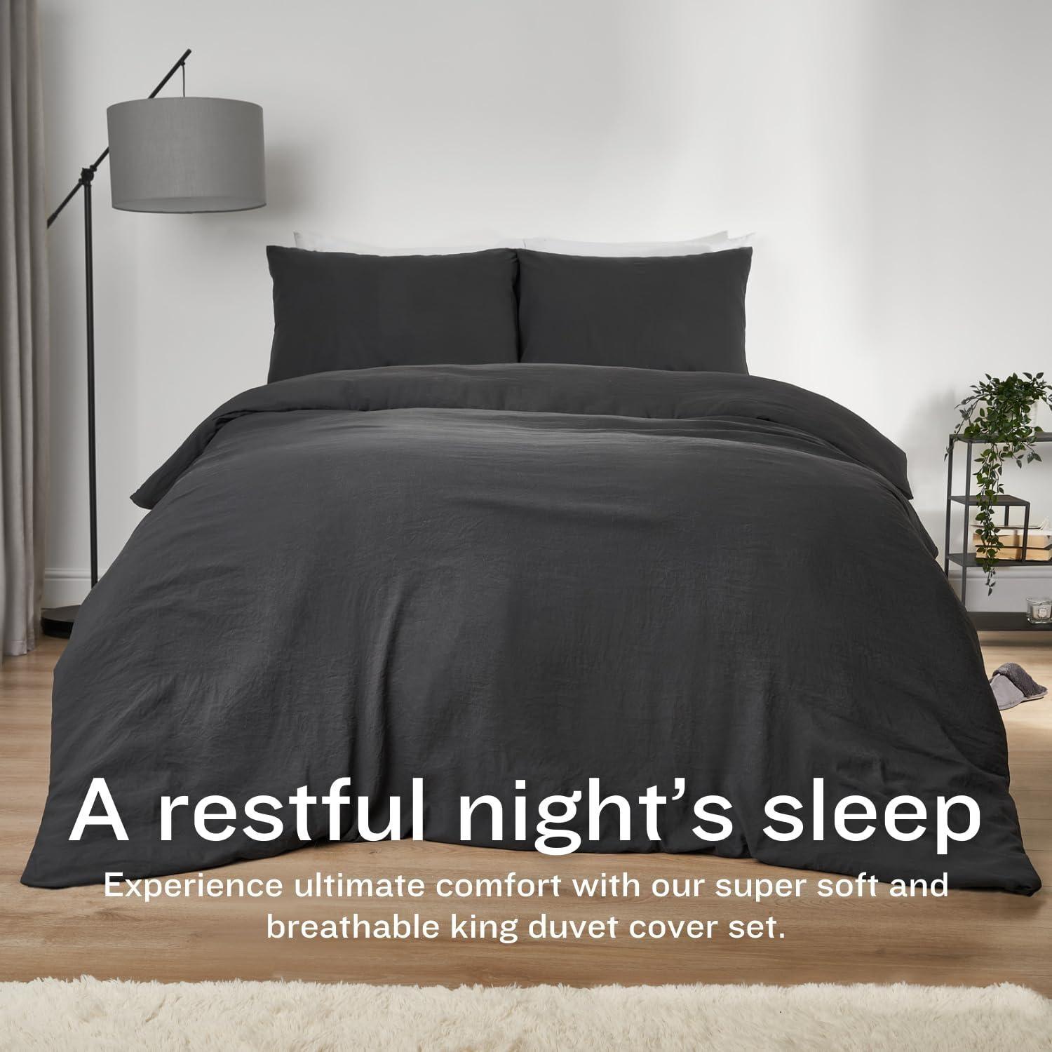 Washed Linen King Duvet Cover with 2 Pillow Cases Super Soft Brushed Microfiber Linen Bedding Set King Size Duvet Cover 104 x90 Bed Duvet Cover King Internal Ties Charcoal Grey - Loomini