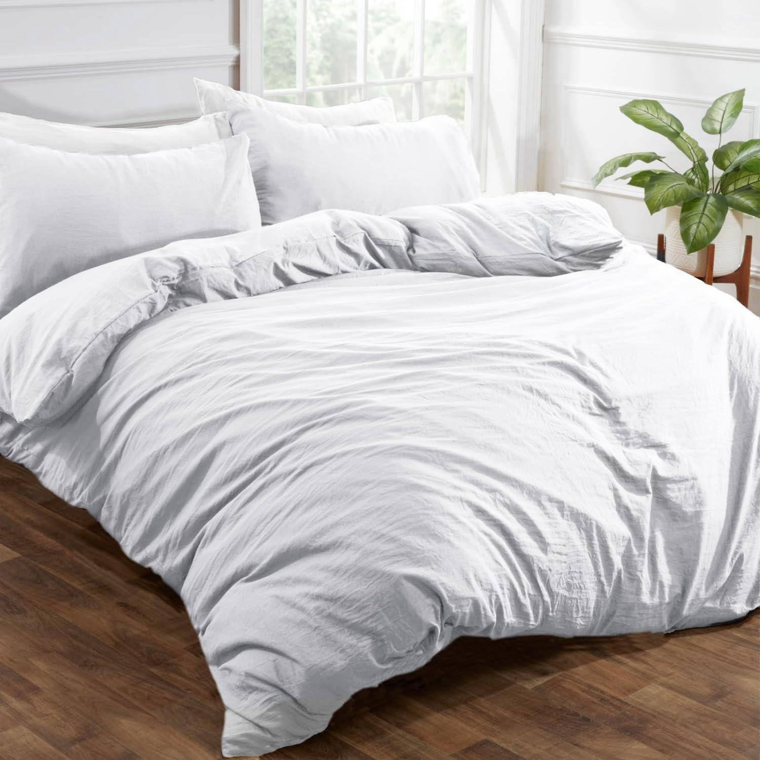 Washed Linen White Duvet Cover King with 2 Pillow Cases Super Soft Brushed Microfiber Linen Bedding Set King Duvet Cover 104 x90 - Loomini