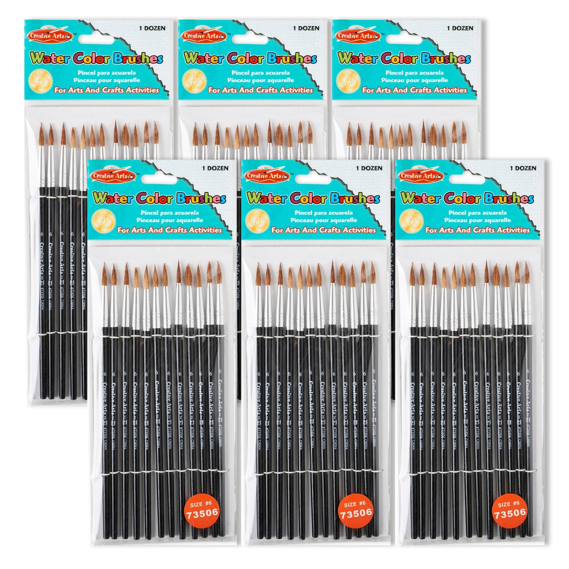 Water Color Paint Brushes with Round Pointed Tip, # 6, 11/16", Camel Hair, Black Handle, 12 Per Pack, 6 Packs - Loomini