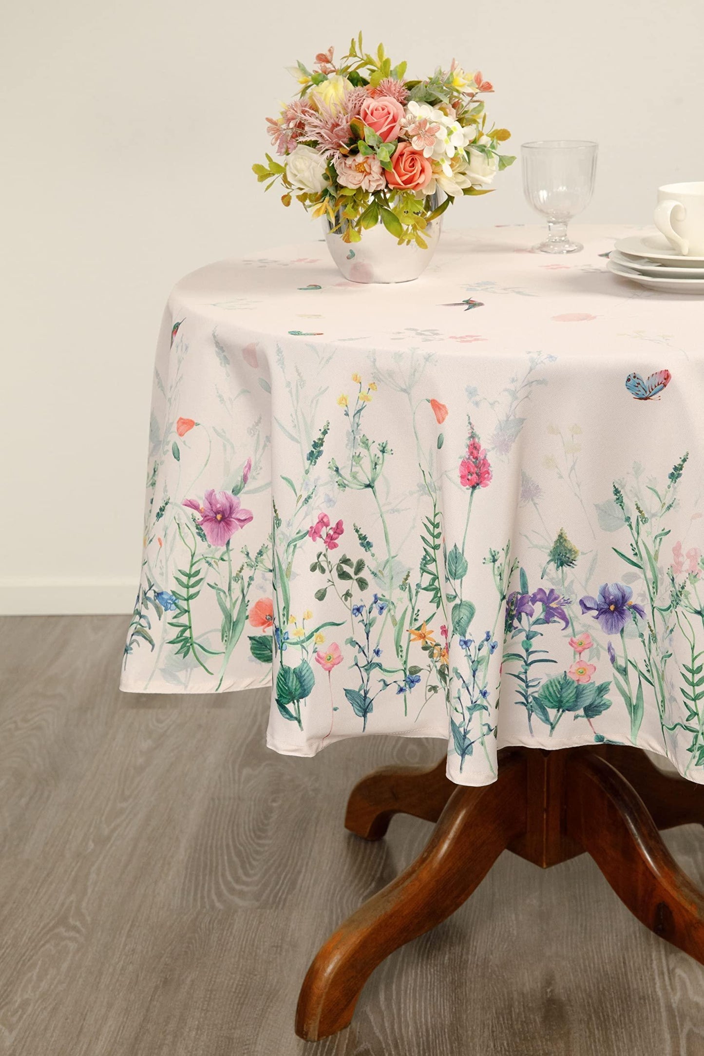 Watercolor Party Flowers Round Easter Tablecloth Non Iron Stain Resistant Easter Table Cover Kitchen Dining Room Spring Dinner Party Wedding Decorations Round 60 - Loomini