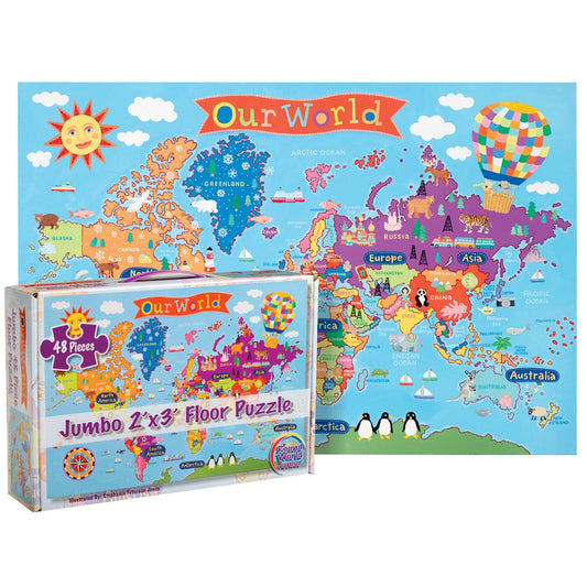 World Floor Puzzle for Kids, 24"H x 36"L, 48 Pieces - Loomini