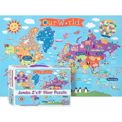 World Floor Puzzle for Kids, 24"H x 36"L, 48 Pieces - Loomini