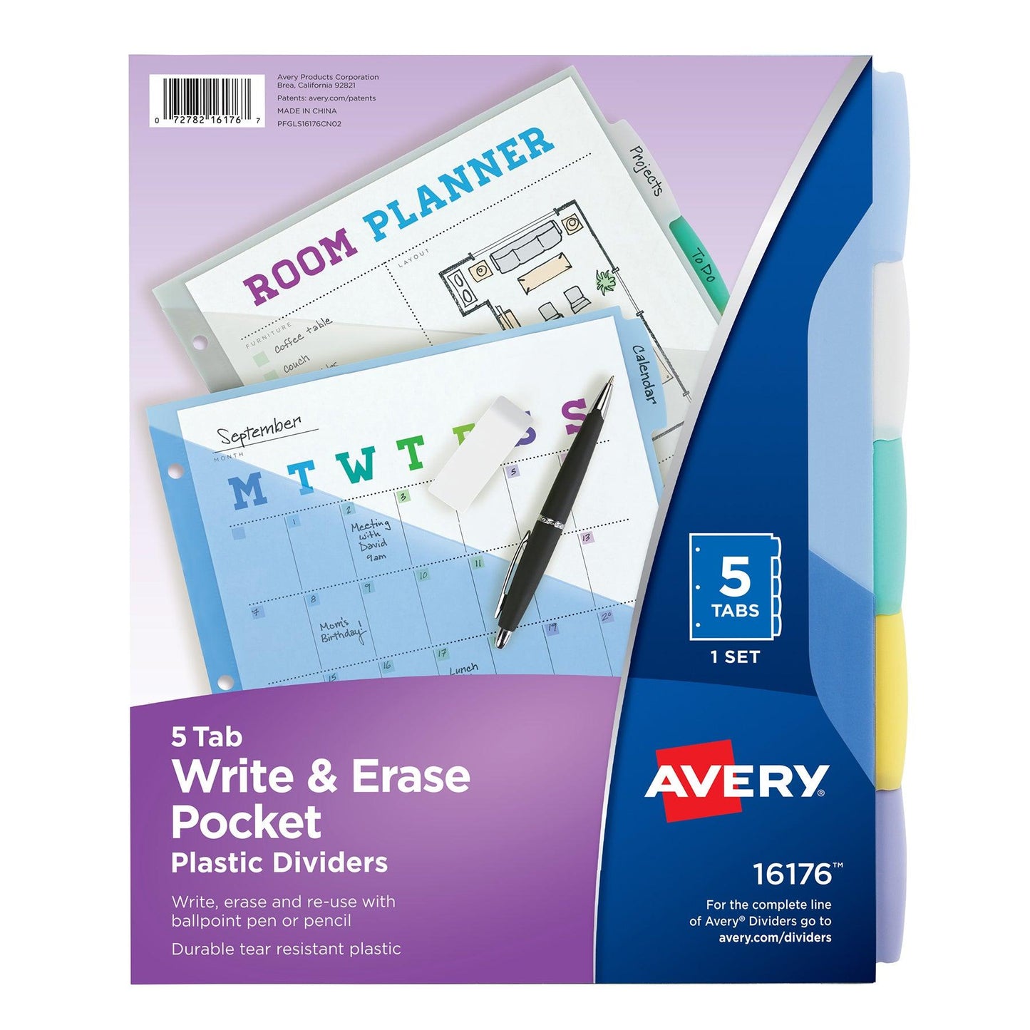 Write & Erase Durable Plastic Dividers with Pockets, 5-Tab Set, Multicolor, 3 Sets - Loomini