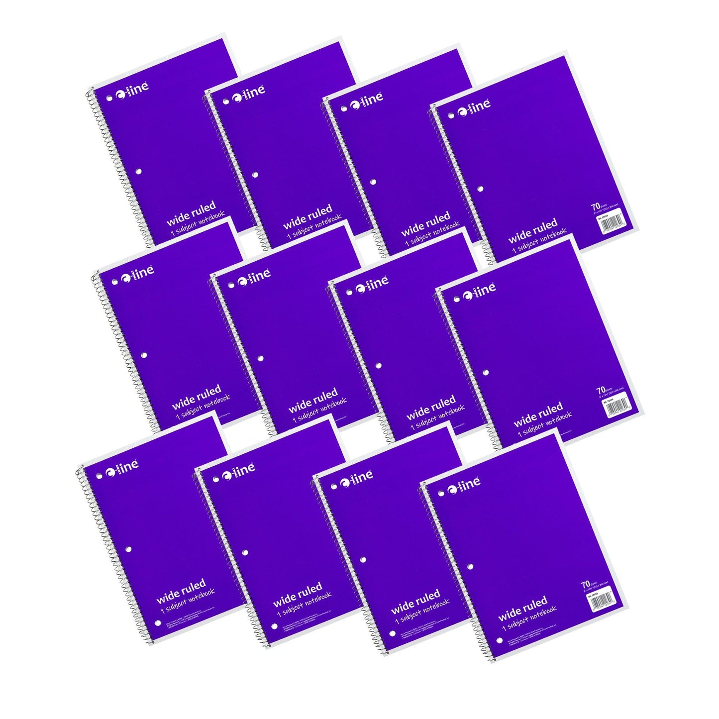 1-Subject Notebook, 70 Page, Wide Ruled, Purple, Pack of 12 - Loomini