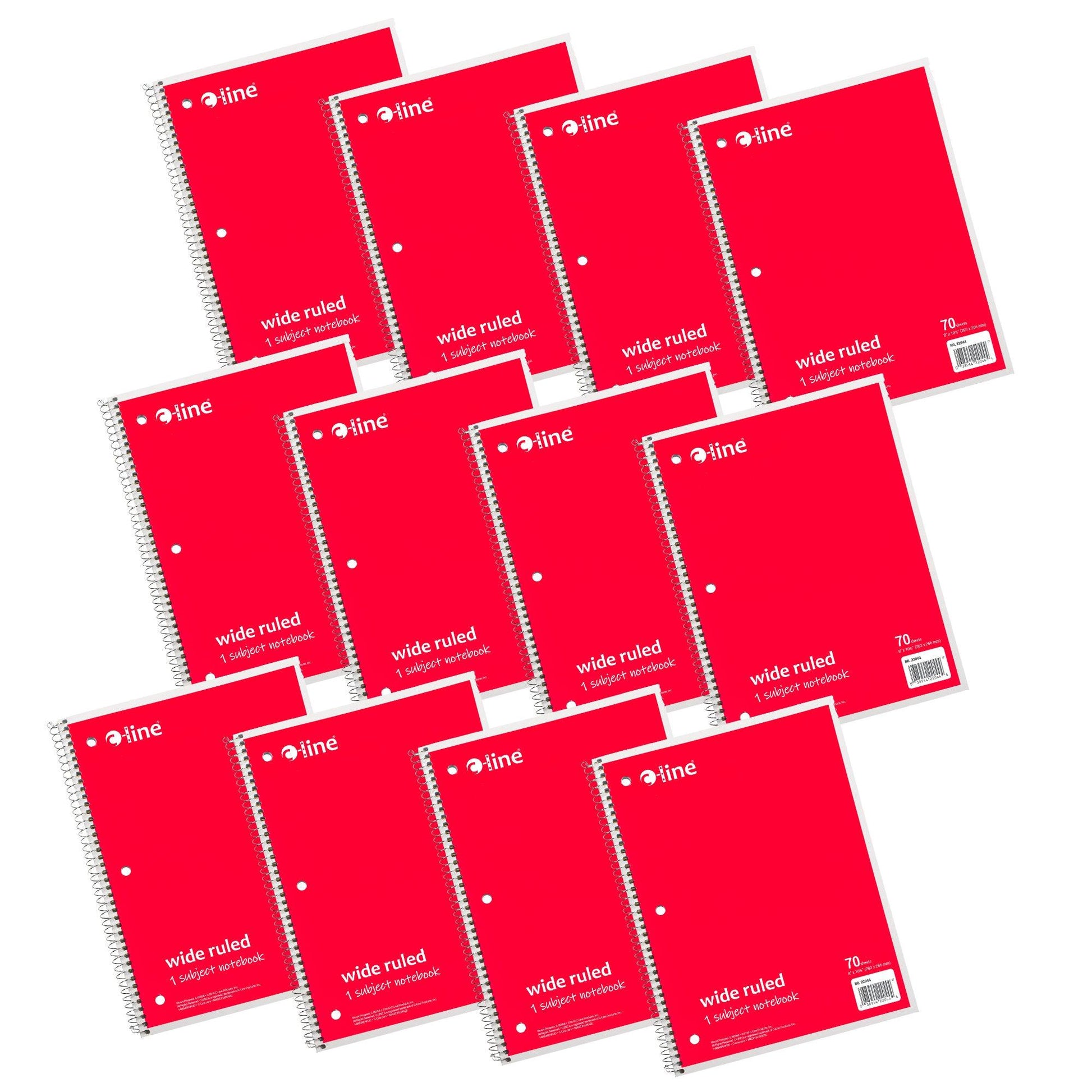 1-Subject Notebook, 70 Page, Wide Ruled, Red, Pack of 12 - Loomini