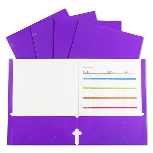 2-Pocket Laminated Paper Portfolios with 3-Hole Punch, Purple, Box of 25 - Loomini