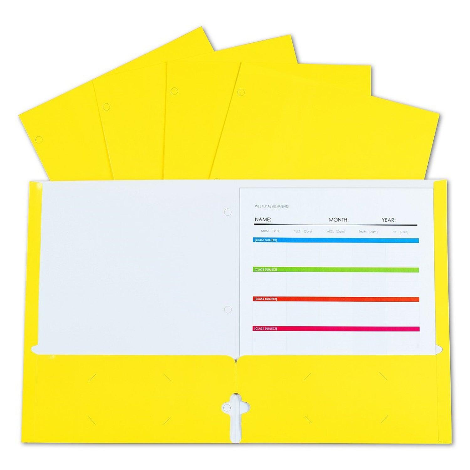 2-Pocket Laminated Paper Portfolios with 3-Hole Punch, Yellow, Box of 25 - Loomini