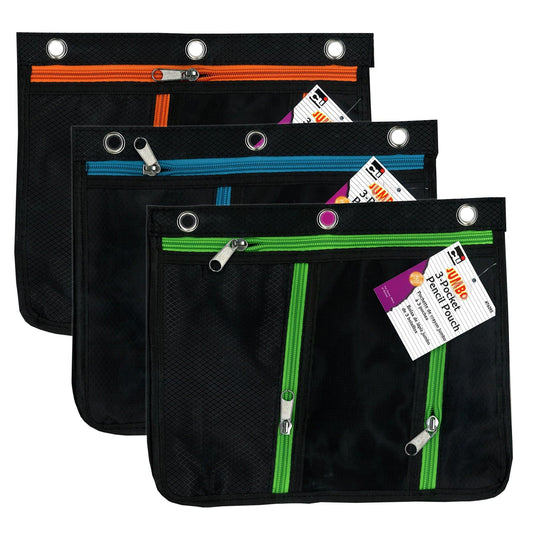 3 Pocket Pencil Pouch, Expanding to 1", 11"W x 9.5"H x 1"D - Assorted Colors, Pack of 3 - Loomini